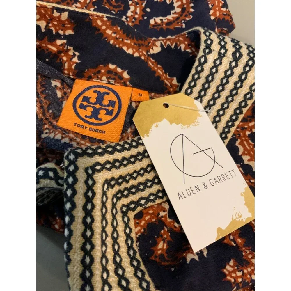 Tory Burch Blue Tunic Top W/ Brown Swirl Print, Size M